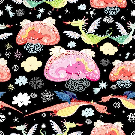 simsearch:400-05375439,k - bright seamless pattern of dragons on a black background with clouds and snowflakes Stock Photo - Budget Royalty-Free & Subscription, Code: 400-05704714