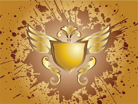 Vector illustration of a gold shield and wings with heraldic elements on a ink splash background Stock Photo - Budget Royalty-Free & Subscription, Code: 400-05704863