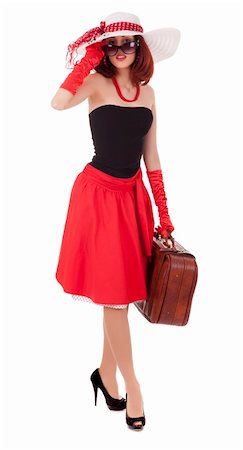 Full-length girl in retro style with suitcase and big hat on white background Stock Photo - Budget Royalty-Free & Subscription, Code: 400-05705217