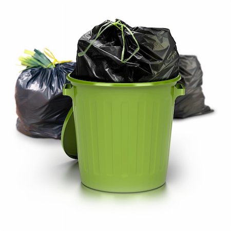 simsearch:400-07050071,k - green garbage can over a white background with a plastic closed bag inside and two other plastic bags at the rear side - studio shot plus 3d trash Stock Photo - Budget Royalty-Free & Subscription, Code: 400-05705760