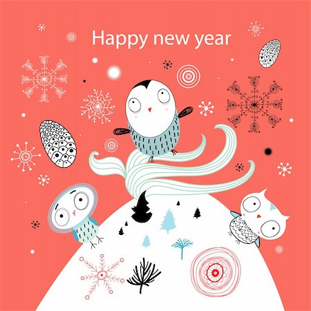 snowy owl - graphical greeting new year card with owls on red background Stock Photo - Budget Royalty-Free & Subscription, Code: 400-05706385