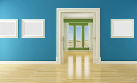 elegant windows and doors - Blue and green interior with open classic sliding door and windows- rendering Stock Photo - Budget Royalty-Free & Subscription, Code: 400-05707394