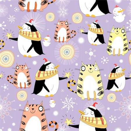 simsearch:400-05375439,k - seamless pattern with winter fun cats and penguins on a violet background Stock Photo - Budget Royalty-Free & Subscription, Code: 400-05708382
