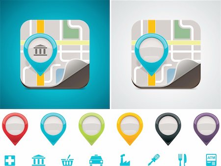 pictogram of map - Detailed square icon representing map with color markers Stock Photo - Budget Royalty-Free & Subscription, Code: 400-05700949
