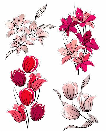 simsearch:400-05364550,k - Set of stylized flowers: tulips and lilies Photographie de stock - Aubaine LD & Abonnement, Code: 400-05701300