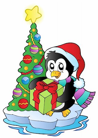 simsearch:400-04311436,k - Cartoon penguin with Christmas tree - vector illustration. Stock Photo - Budget Royalty-Free & Subscription, Code: 400-05701432