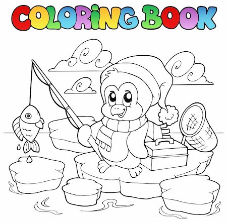 Coloring book fishing penguin - vector illustration. Stock Photo - Budget Royalty-Free & Subscription, Code: 400-05701447