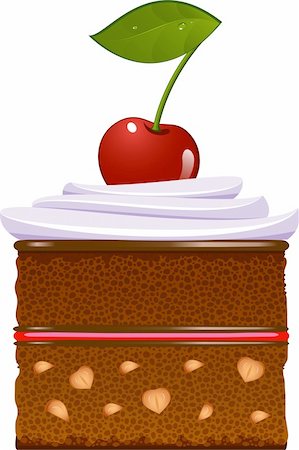 Chocolate cake with whipped cream and a cherry. Isolated over white. EPS 8, AI, JPEG Stock Photo - Budget Royalty-Free & Subscription, Code: 400-05701845