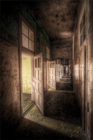 empty inside of hospital rooms - hallway with open doors in an abandoned asylum, hdr processing Stock Photo - Budget Royalty-Free & Subscription, Code: 400-05703042