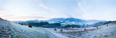 simsearch:400-05719580,k - First autumn frost on pasture with haystacks and sunrise in the mountains village.  Three shots stitch image. Photographie de stock - Aubaine LD & Abonnement, Code: 400-05703250