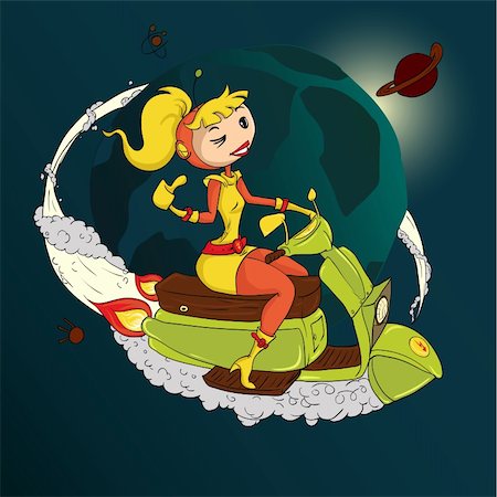 Girl on the outer scooter flies around the planet. Vector illustration. Stock Photo - Budget Royalty-Free & Subscription, Code: 400-05714809