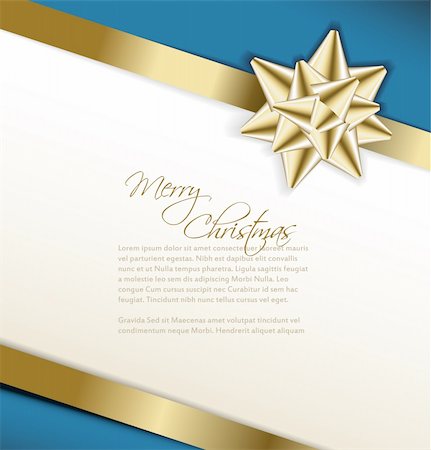 satin ribbon greeting - Vector golden bow on a ribbon with white and blue background -Christmas card Foto de stock - Super Valor sin royalties y Suscripción, Código: 400-05715742