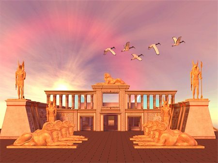 simsearch:400-04652920,k - A flock of Sacred Ibis birds fly over an Egyptian palace and its entrance lined with Ram God Khnum statues. Photographie de stock - Aubaine LD & Abonnement, Code: 400-05715911