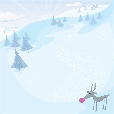 Vector Christmas series. Holiday greeting card with Rudolph and frozen forest in the mountains. Stock Photo - Budget Royalty-Free & Subscription, Code: 400-05717547