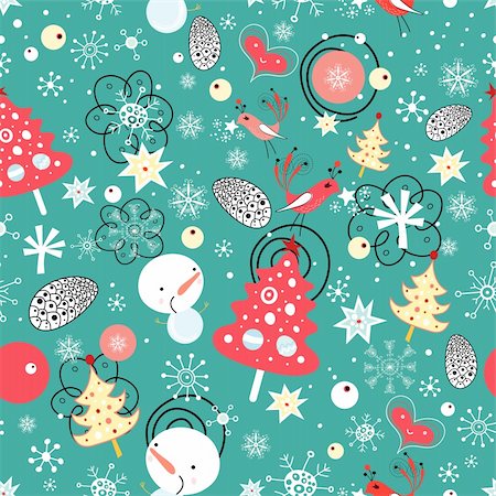 simsearch:400-05375439,k - New seamless pattern of trees and snowmen on blue and green background with snowflakes Stock Photo - Budget Royalty-Free & Subscription, Code: 400-05717586