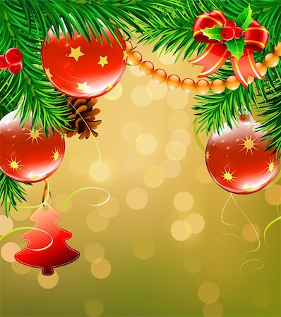 Vector illustration of Christmas decorative background with evergreen branches, pine cones and  Christmas decoration Stock Photo - Budget Royalty-Free & Subscription, Code: 400-05718031
