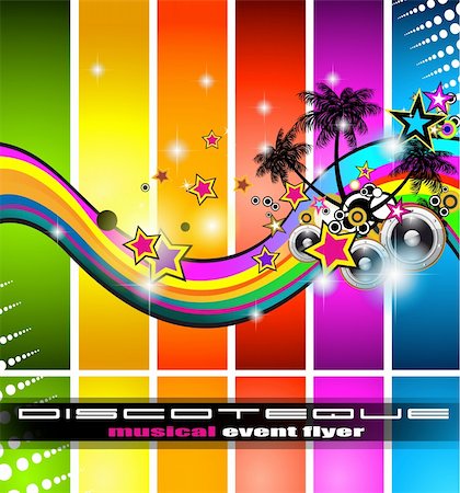 Discotheque flyer tor alternative music event poster. basckground is full of glitter and flow of lights with rainbow tone Stock Photo - Budget Royalty-Free & Subscription, Code: 400-05719085