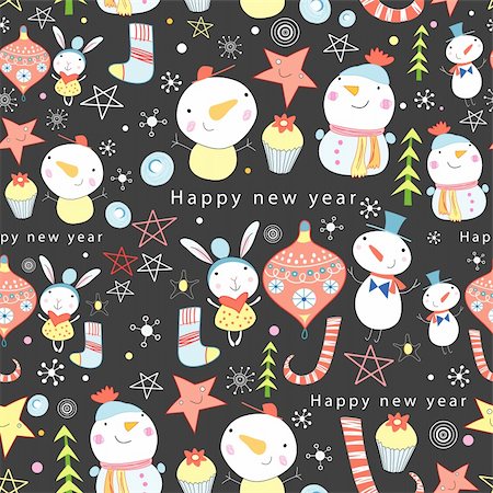 simsearch:400-05375439,k - seamless colorful pattern of snowmen and toys on a dark background Stock Photo - Budget Royalty-Free & Subscription, Code: 400-05719724