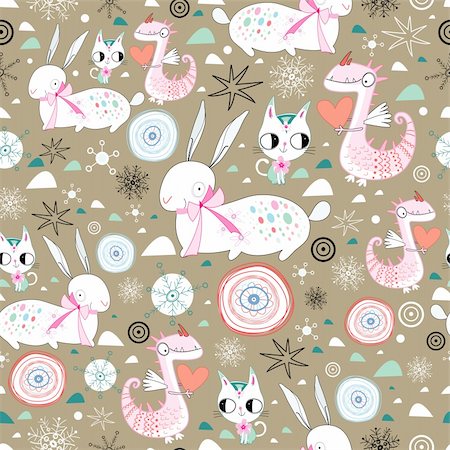 simsearch:400-05375439,k - New seamless design of the dragons rabbits and cats on a brown background with snowflakes Stock Photo - Budget Royalty-Free & Subscription, Code: 400-05719743