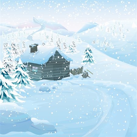 Christmas vector series with copyspace. Winter landscape with wooden cottage in high mountains. Frozen snow and pine forest with slopes in the background Stock Photo - Budget Royalty-Free & Subscription, Code: 400-05710756