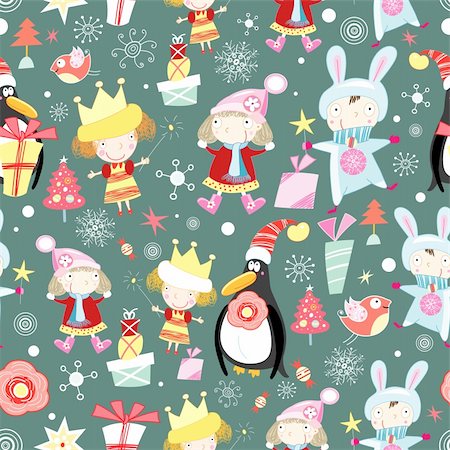 simsearch:400-05375439,k - seamless pattern with children winter and penguins on a green background with gifts and snowflakes Stock Photo - Budget Royalty-Free & Subscription, Code: 400-05712695