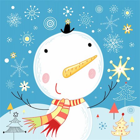 simsearch:400-05375439,k - bright, large snowman on a blue background with snowflakes and Christmas trees Stock Photo - Budget Royalty-Free & Subscription, Code: 400-05724872