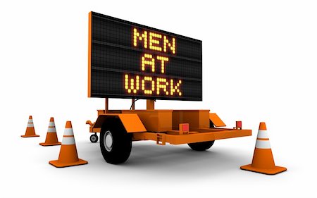 simsearch:400-05730469,k - High resolution 3D render of construction sign message board and cones. Men At Work. Stock Photo - Budget Royalty-Free & Subscription, Code: 400-05725874
