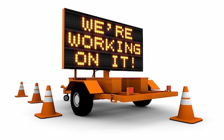 simsearch:400-05730469,k - High resolution 3D render of construction sign message board and cones. "We're Working On It!". Stock Photo - Budget Royalty-Free & Subscription, Code: 400-05725878