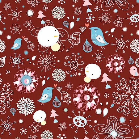 simsearch:400-05375439,k - seamless graphic pattern of winter birds and snowflakes and snowmen on a dark red background Stock Photo - Budget Royalty-Free & Subscription, Code: 400-05725965