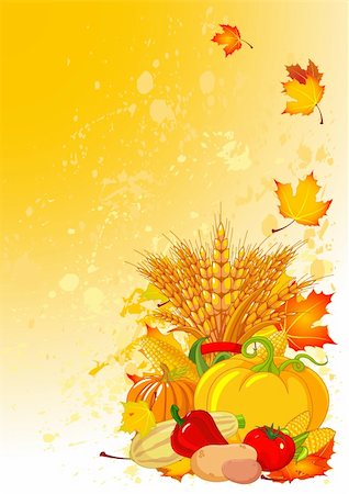 Harvesting design with plump pumpkins, wheat, vegetables and autumn leaves Stock Photo - Budget Royalty-Free & Subscription, Code: 400-05726012