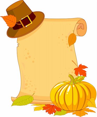 pumpkin drawing with leaves - Thanksgiving Day scroll with pilgrim hat and pumpkin Stock Photo - Budget Royalty-Free & Subscription, Code: 400-05726025