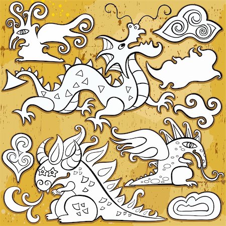 Dragons icon set, Chinese New Year symbols 2012. Vector set of sketchy, doodle dragons and decorative design elements. Little fairy  dragon, cheerful Chinese oriental dragon, cute fantasy dragon with star eyes, medival emblem dragon with long curly tongue Foto de stock - Super Valor sin royalties y Suscripción, Código: 400-05727821