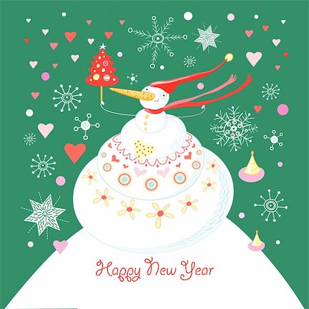 simsearch:400-05375439,k - greeting card with a large white snowman on a green background with snowflakes Stock Photo - Budget Royalty-Free & Subscription, Code: 400-05728084