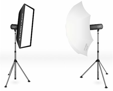 simsearch:632-05604064,k - Photographic LIghting - Two Professional Studio Lights with Soft Box and Umbrella on Tripods on White Background Stock Photo - Budget Royalty-Free & Subscription, Code: 400-05728409