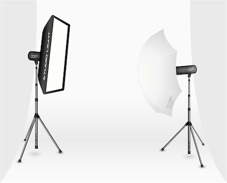 simsearch:632-05604064,k - Photographic LIghting - Two Professional Studio Lights with Soft Box and Umbrella on Tripods on White Background Stock Photo - Budget Royalty-Free & Subscription, Code: 400-05728411