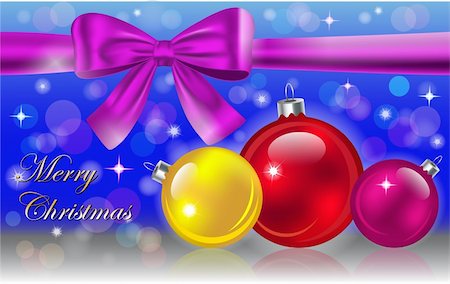 Christmas gift card with violet bow and colorful glass balls. Vector illustration Stock Photo - Budget Royalty-Free & Subscription, Code: 400-05729758