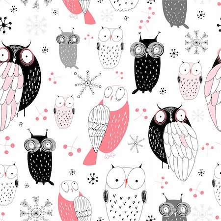 seamless black and pink pattern of the fun owls on a white background with snowflakes Stock Photo - Budget Royalty-Free & Subscription, Code: 400-05720609