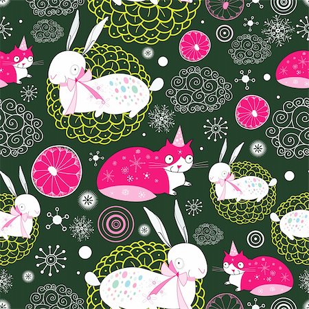 simsearch:400-05375439,k - seamless pattern with bright winter cats and rabbits on a dark green background Stock Photo - Budget Royalty-Free & Subscription, Code: 400-05720611