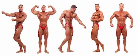 simsearch:400-07318730,k - Attractive male body builder, demonstrating five contest poses, isolated on white background Stock Photo - Budget Royalty-Free & Subscription, Code: 400-05721257