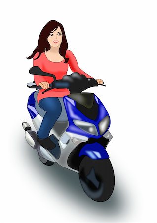 Illustration of     a girl driving on a     blue scooter over a white     background. Stock Photo - Budget Royalty-Free & Subscription, Code: 400-05721351