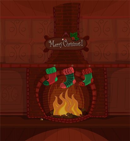Vector Christmas series. Beautiful fireplace with fire brning and three stockings waiting for Santa Claus. Available space for your text Stock Photo - Budget Royalty-Free & Subscription, Code: 400-05722212