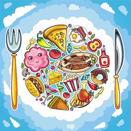 Funny illustration featuring colorful popular food shaped as plate or planet with clouds, fork and knife. Stock Photo - Budget Royalty-Free & Subscription, Code: 400-05722991