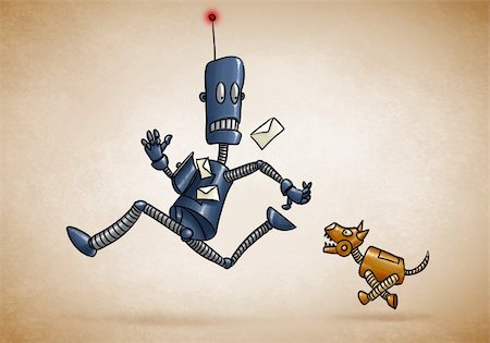 people running scared - postman robot runs chased by a mechanical dog Stock Photo - Budget Royalty-Free & Subscription, Code: 400-05735671