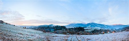 simsearch:400-05719580,k - First autumn frost on pasture with haystacks and sunrise in the mountains village.  Three shots stitch image. Photographie de stock - Aubaine LD & Abonnement, Code: 400-05736885