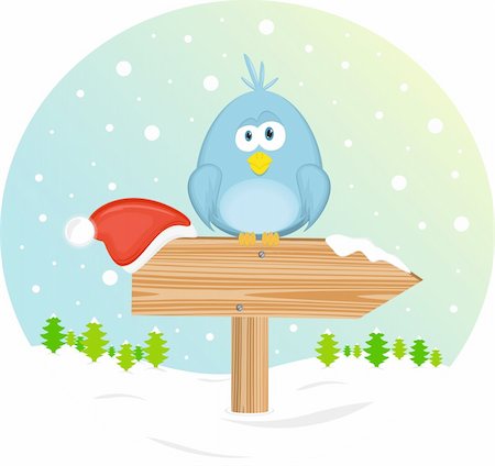 Blue bird and christmas hat on the waymark. Vector Illustration. Stock Photo - Budget Royalty-Free & Subscription, Code: 400-05736988