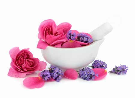 Rose and lavender herb flowers in a porcelain mortar with pestle isolated over white background. Stock Photo - Budget Royalty-Free & Subscription, Code: 400-05738058