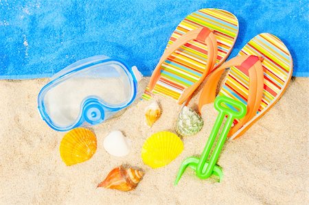 Seashells, diving mask and sandals on the beach Stock Photo - Budget Royalty-Free & Subscription, Code: 400-05738561