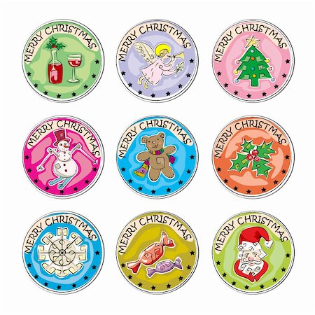snowman snow angels - merry christmas set of colored  stamp coins, stickers isolated on white Stock Photo - Budget Royalty-Free & Subscription, Code: 400-05739434