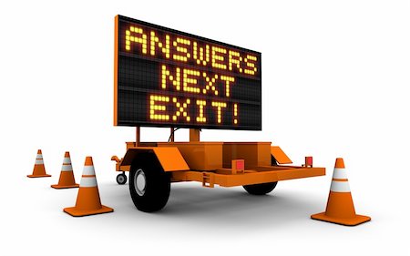 simsearch:400-05730469,k - High resolution 3D render of construction sign message board and cones. Next exit... Answers! Stock Photo - Budget Royalty-Free & Subscription, Code: 400-05730289