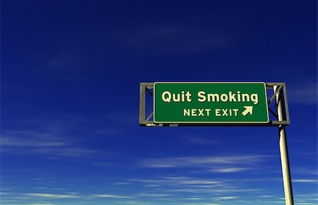 simsearch:400-05730469,k - Quit Smoking - Freeway Exit Sign. 3D illustration isolated on sky background. Stock Photo - Budget Royalty-Free & Subscription, Code: 400-05730328